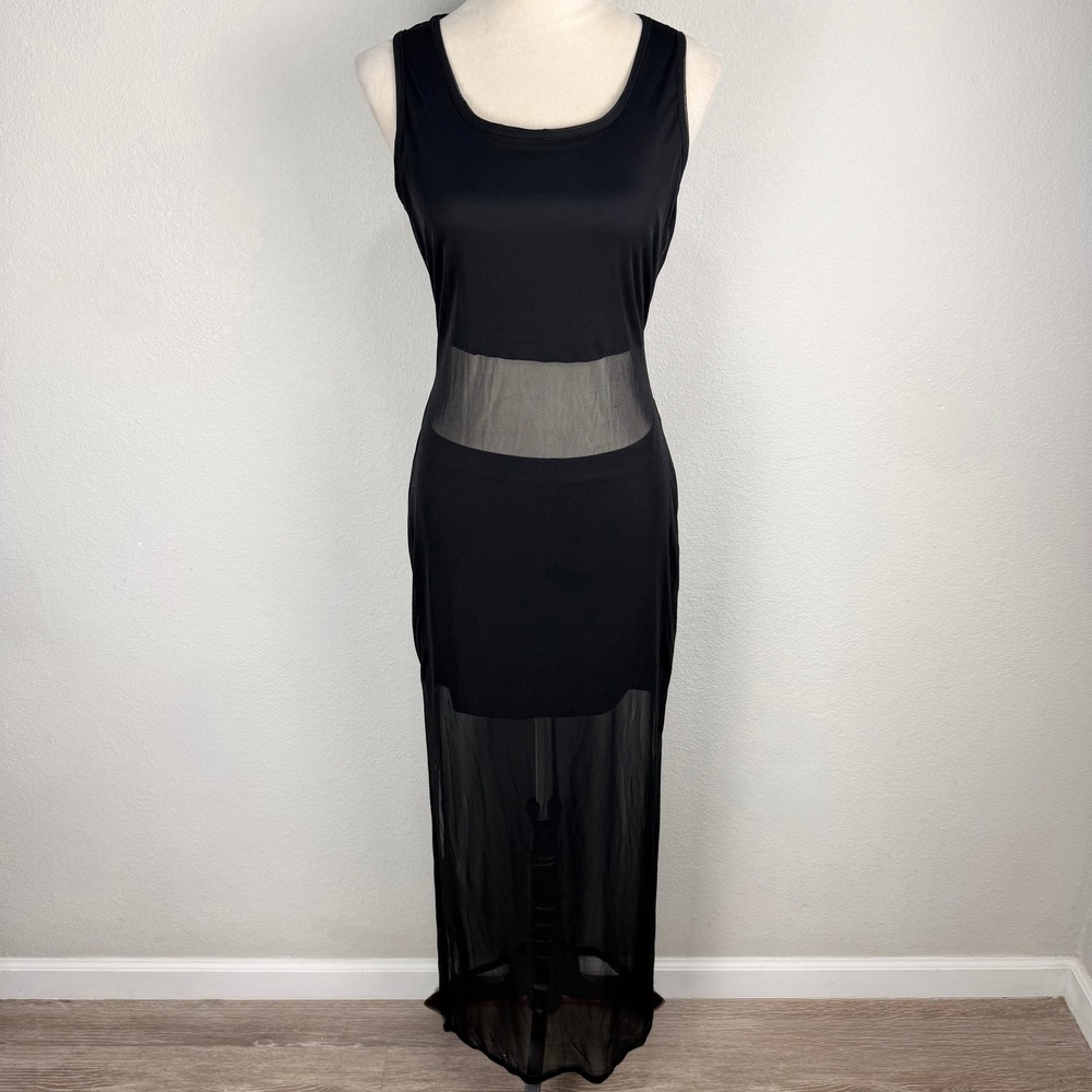 VTG 80's/90's Tower Black Sheer Mesh Panel Sleeveless Chic Maxi Dress Size LG